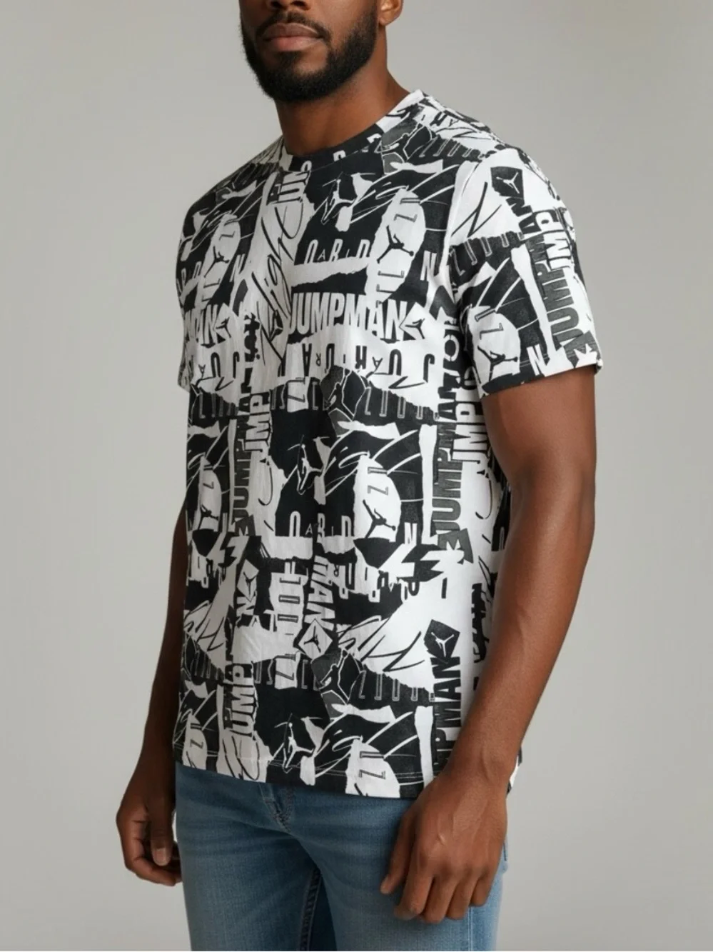 Jordan Jumpman Flight Men’s All Over Print Graphic Logo Black & White T-Shirt XL